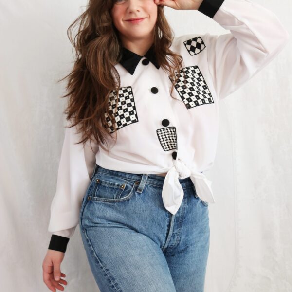 Vintage 90's  Button Down Shirt Black and White Geometric Patterned Blouse by Impressions of California