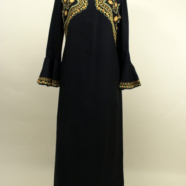 Vintage 60s 70s Black Soutache Embroidered Black Bell Sleeve Maxi Dress