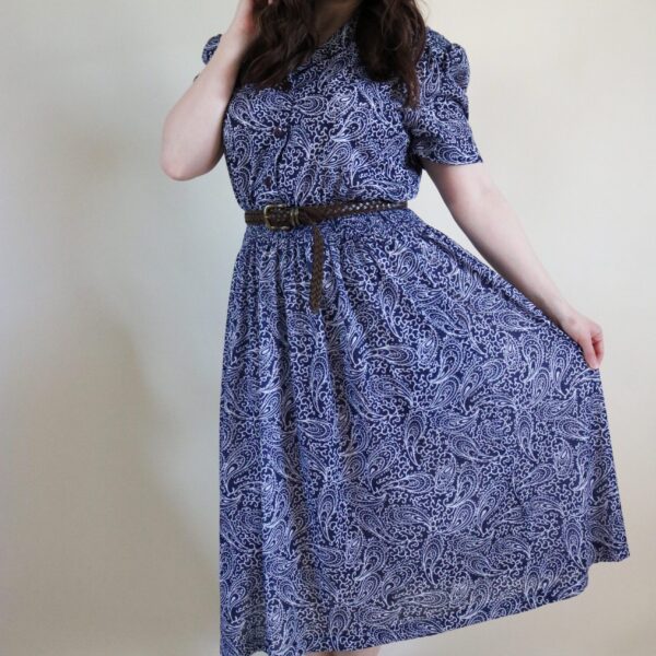 Vintage 1980's Blue and White Paisley Shirtwaist Dress