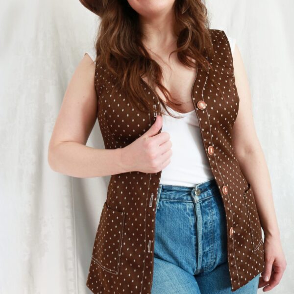 Vintage 70's Brown Polka Dot Long Button Down Vest by Tami San Francisco