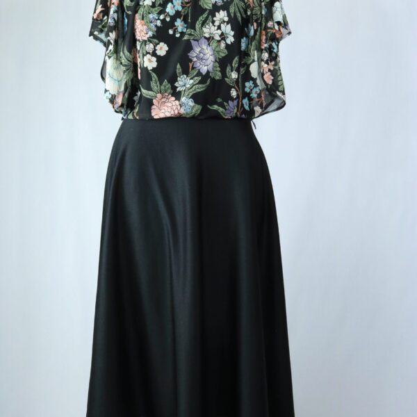 Vintage 70s Black Multicolor Floral Draped Bodice Boho Disco Midi Dress with Flutter Sleeves