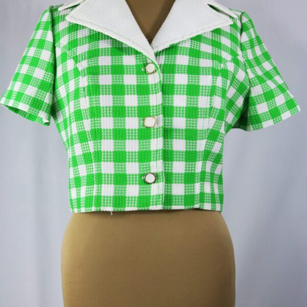 Vintage 70s Green and White Checked Short Sleeve Button Down Cropped Top/Blazer by O'Bryan