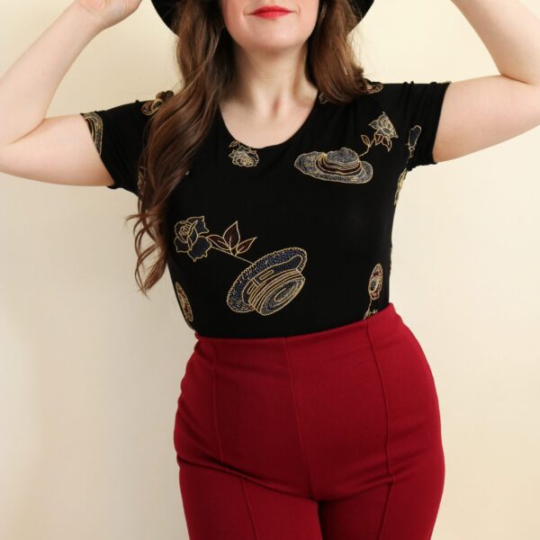 Vintage 90s Deadstock T-Shirt Christine Gerard Black Embellished Hat and Rose Short Sleeve Top