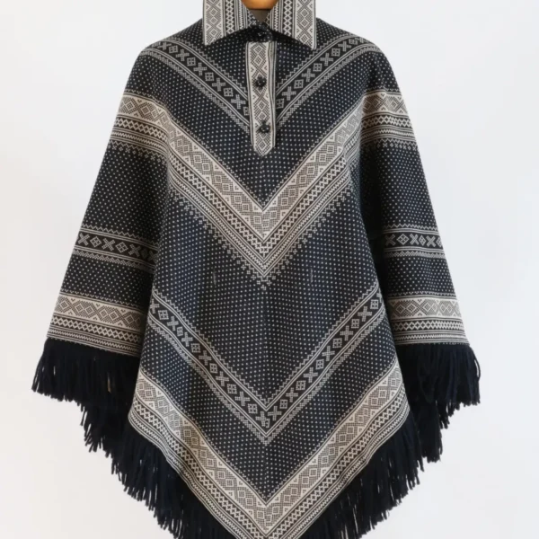 Vintage 70’s Poncho Black and Tan Chevron Pattern Fringe Butte Knit