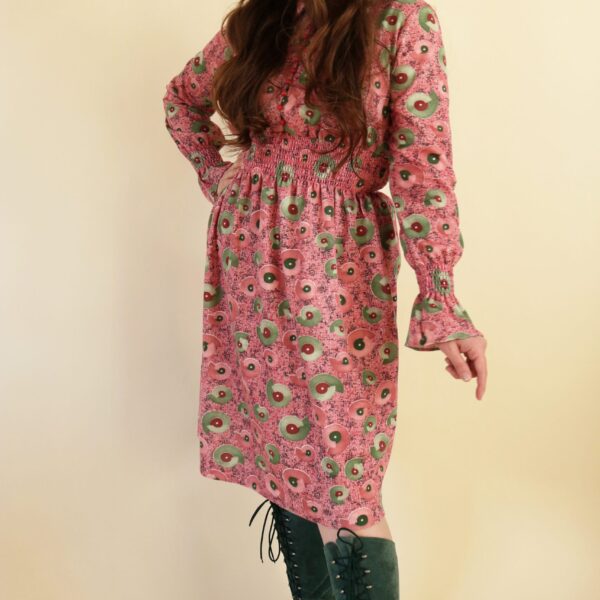 Vintage 70's Pink Print Smocked Waist Button Front Dagger Collar Dress