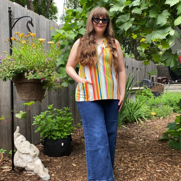 Vintage 70s Rainbow Striped Terry Fabric Sleeveless Tunic Top