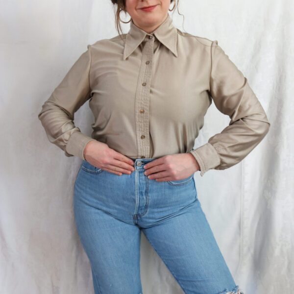 Vintage 70's Tan Dagger Collar Button Down Shirt