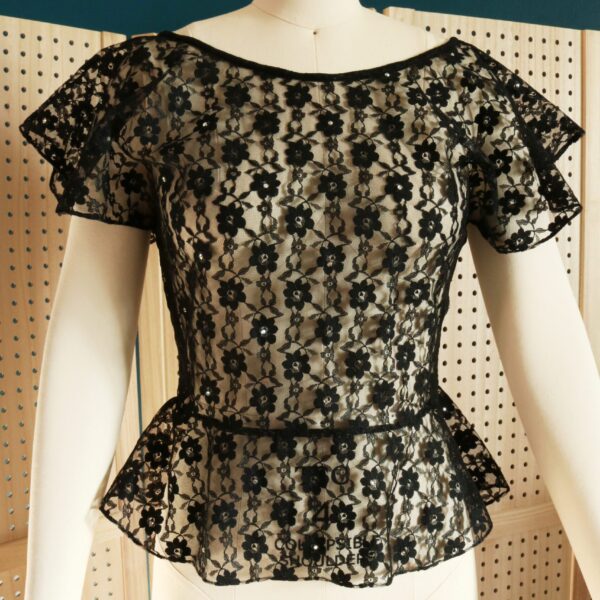 Vintage 90s Black Lace Peplum Blouse With Rhinestone Details by Kathryn Conover Original
