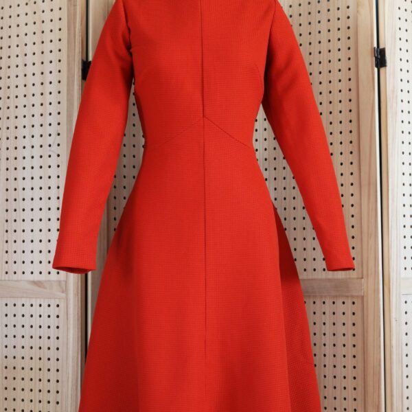 Vintage 60s 70s Orange Textured Knit High Neck Long Sleeve A-Line Perma-Prest Midi Dress