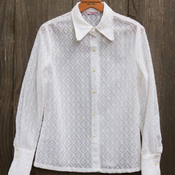 Vintage 70's White Sheer Knit Lace Long Sleeve Button Down Blouse Fashioned by Gregory