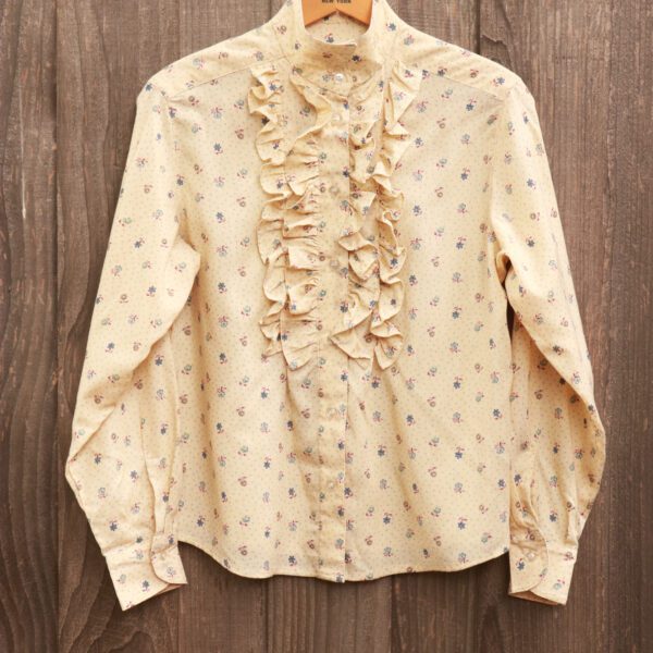 Vintage 70's Light Yellow Floral Print Ruffle Front Button Down Shirt